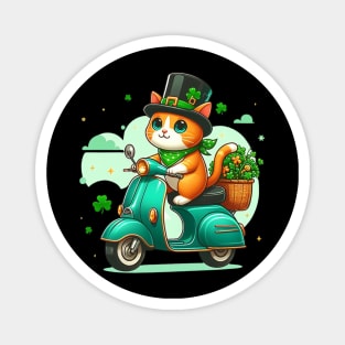 Celebrate St Patricks Day Day with a cute and colorful Cat on a Motorcycle design Magnet